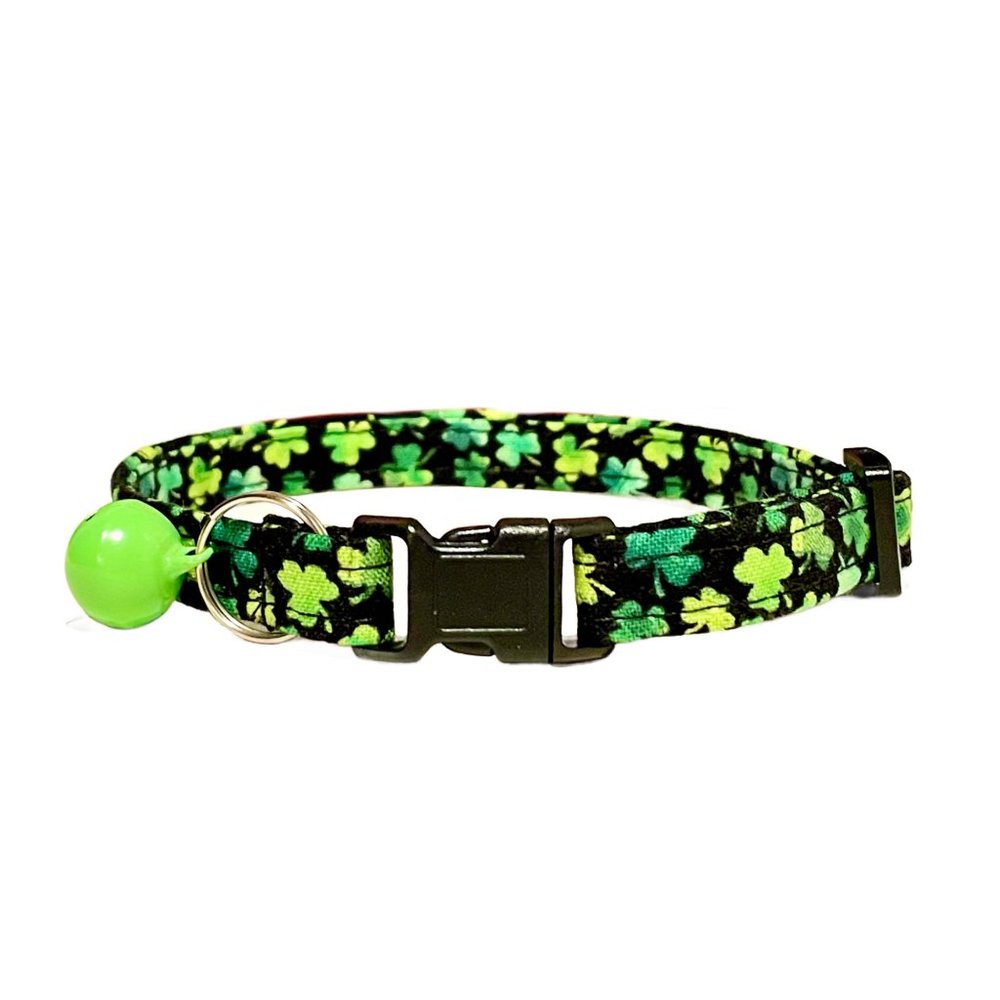 Handmade Cat Collar, Green Clovers on Black, Saint Patrick's Day